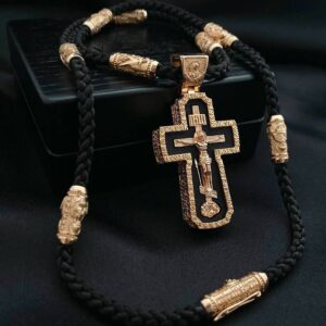 Золотий комплект  православний хрест з чорним деревом  та шовковий шнурок із золотими вставками