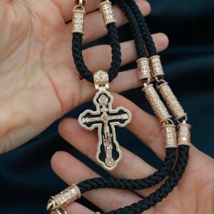 Золотий комплект хрестик із деревом ебен та шовковий шнурок із золотими вставками