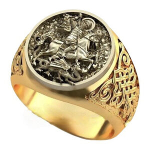Печатка чоловіча з жовтого та білого золота "Подвиг Георгія Побідоносця"