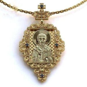 Золота ладанка Миколай Угодник з камінням